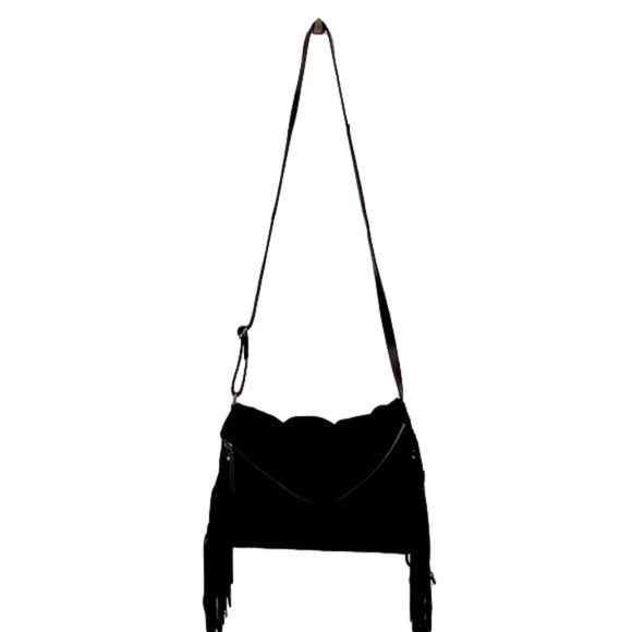 SORPRESA Handbags - SORPRESA Black Suede Fringe Zippered Envelope Crossbody Shoulder Bag Boho Hippy